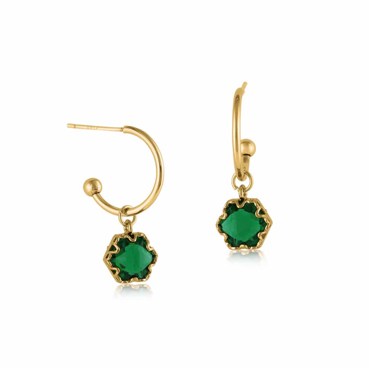 Caroline Crystal Pear Stone Tiny Hoop Earrings in Gold and Emerald